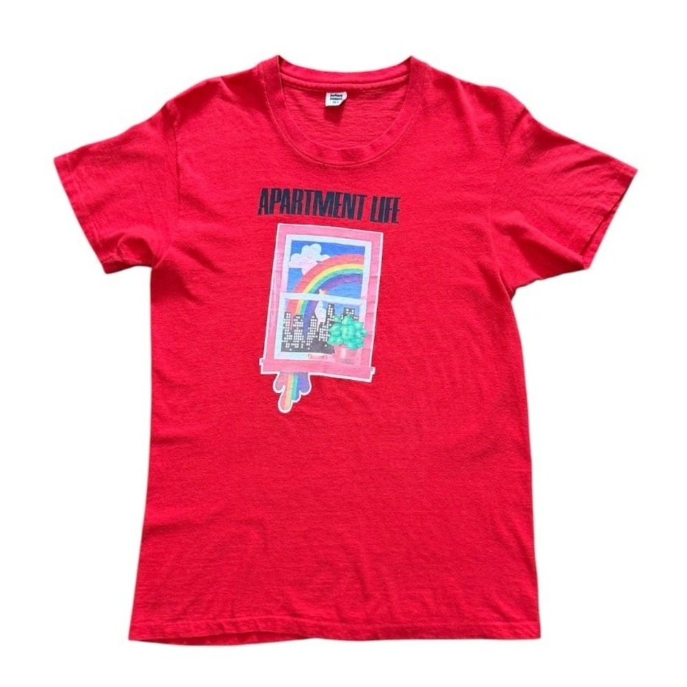 Hanes 80s Apartment Life Graphic Art Print Cottage Rainbow City Window T-shirt